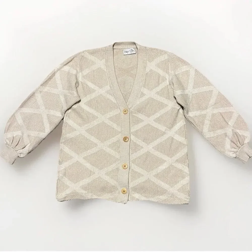 VTG St. John Santana Knit Cardigan Sweater M Cream Gold Buttons Old Money USA